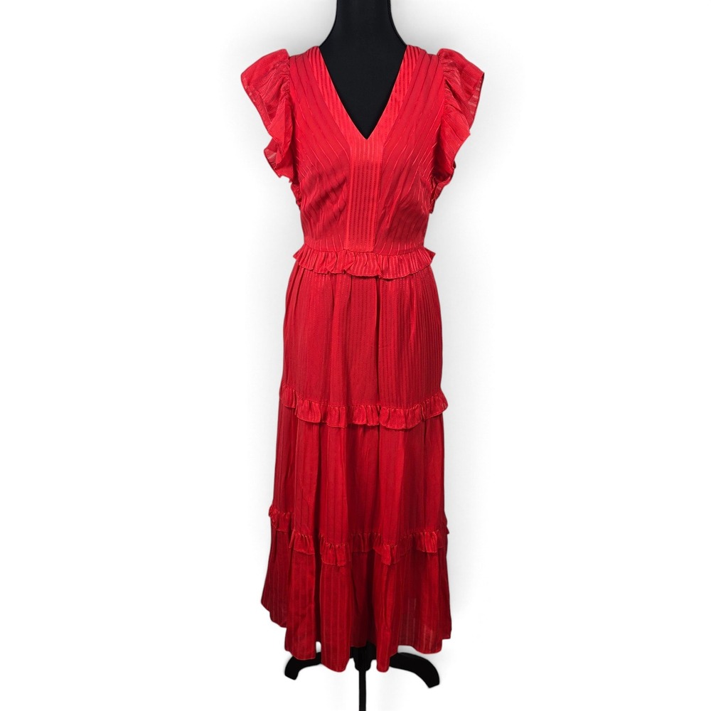 Ted Baker Dress Women 0 Tiliana Red Tiered Ruffle V-Neck Tonal Stripe Maxi Party